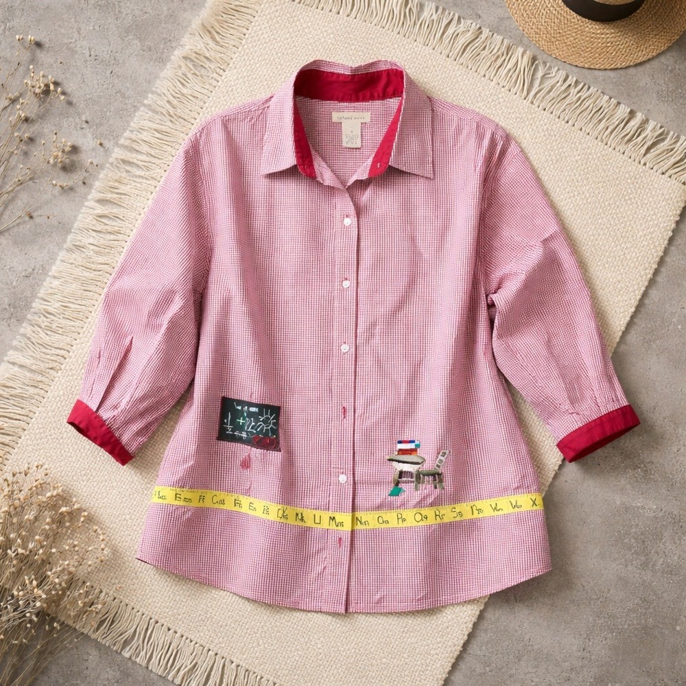Bechamel 1X Vintage Woman's Vintage Red Gingham Teacher Button Shirt Embroidered